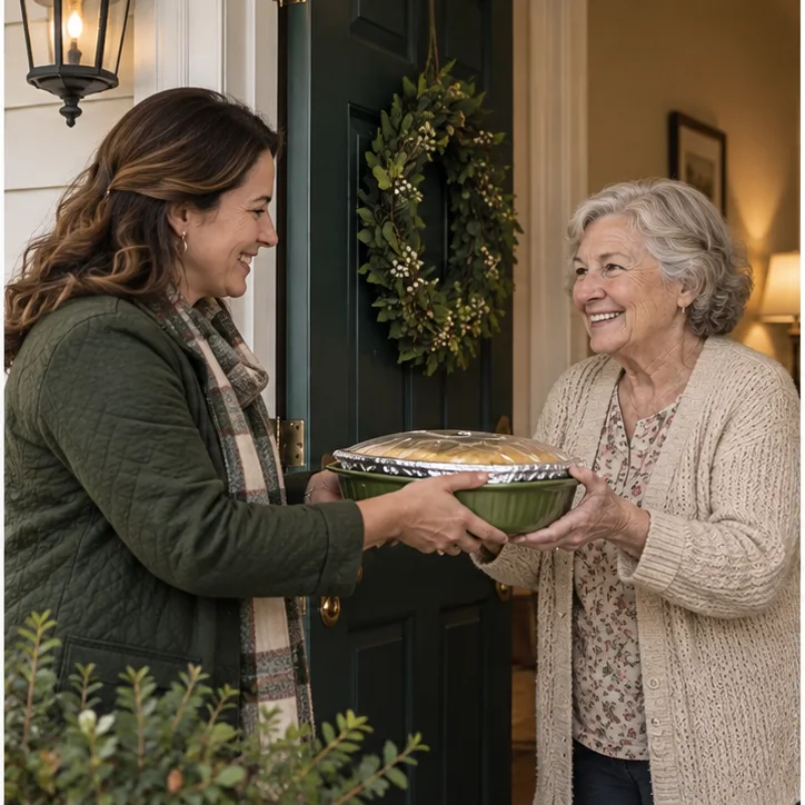 A woman delivers a covered dish to another woman at her front door