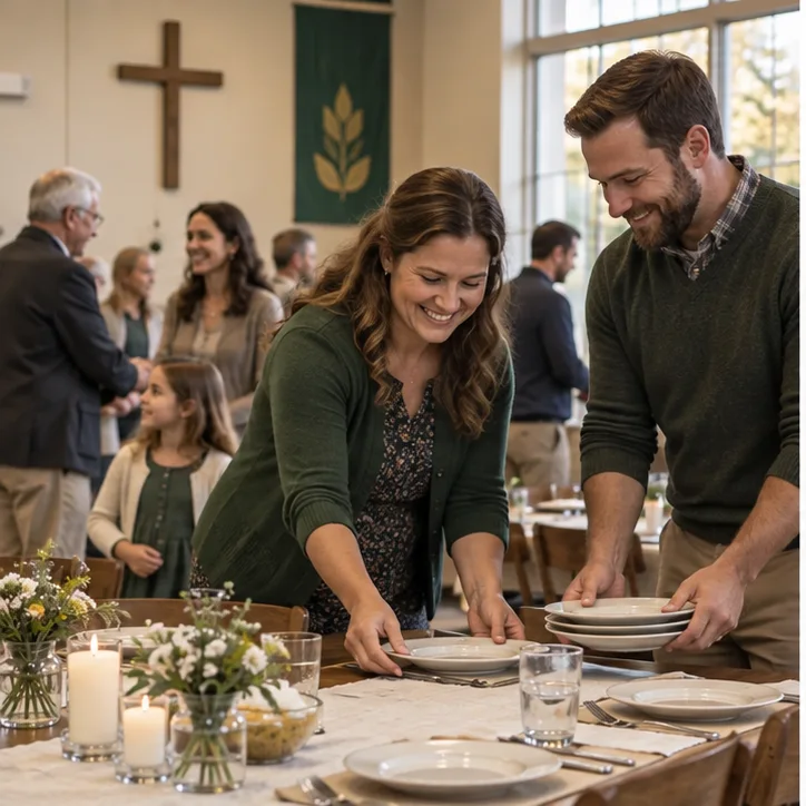 People set extra places at a long dining table