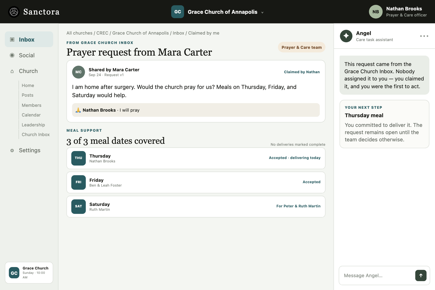 The Prayer and Care request Nathan claimed shows Mara's chosen team audience, Nathan's prayer commitment, and named commitments covering all three requested meal dates.