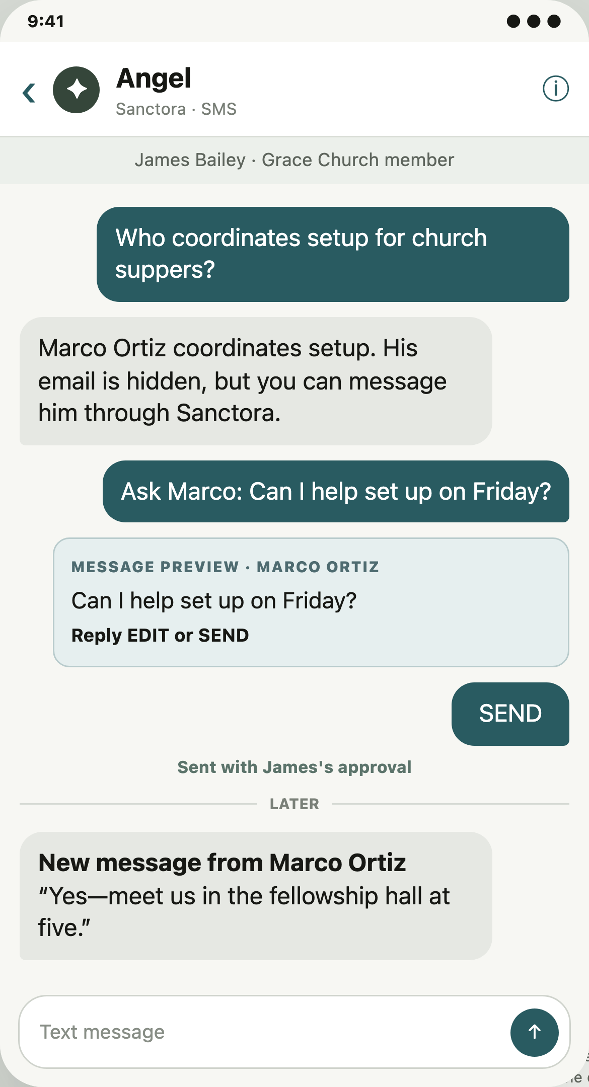 By SMS, Angel finds Marco from shared Grace Church member data, previews James's message, sends it with his approval, and relays Marco's attributed reply.