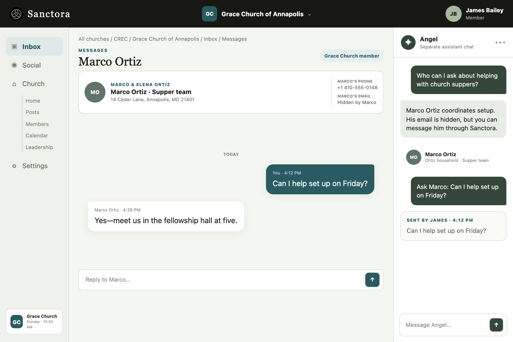 James's Inbox shows Marco's reply about Friday setup while the separate Angel panel preserves his governed member search and sent message.