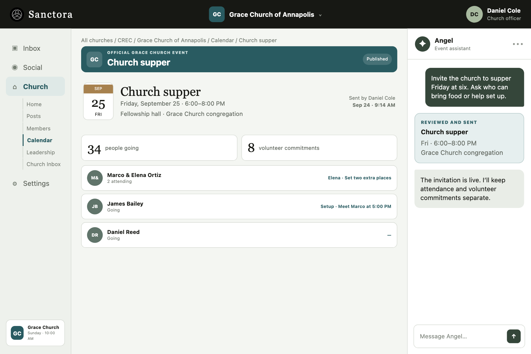 Grace Church's published supper event shows its complete time, Daniel's send receipt, reconciled attendance and volunteer commitments, and named member responses.
