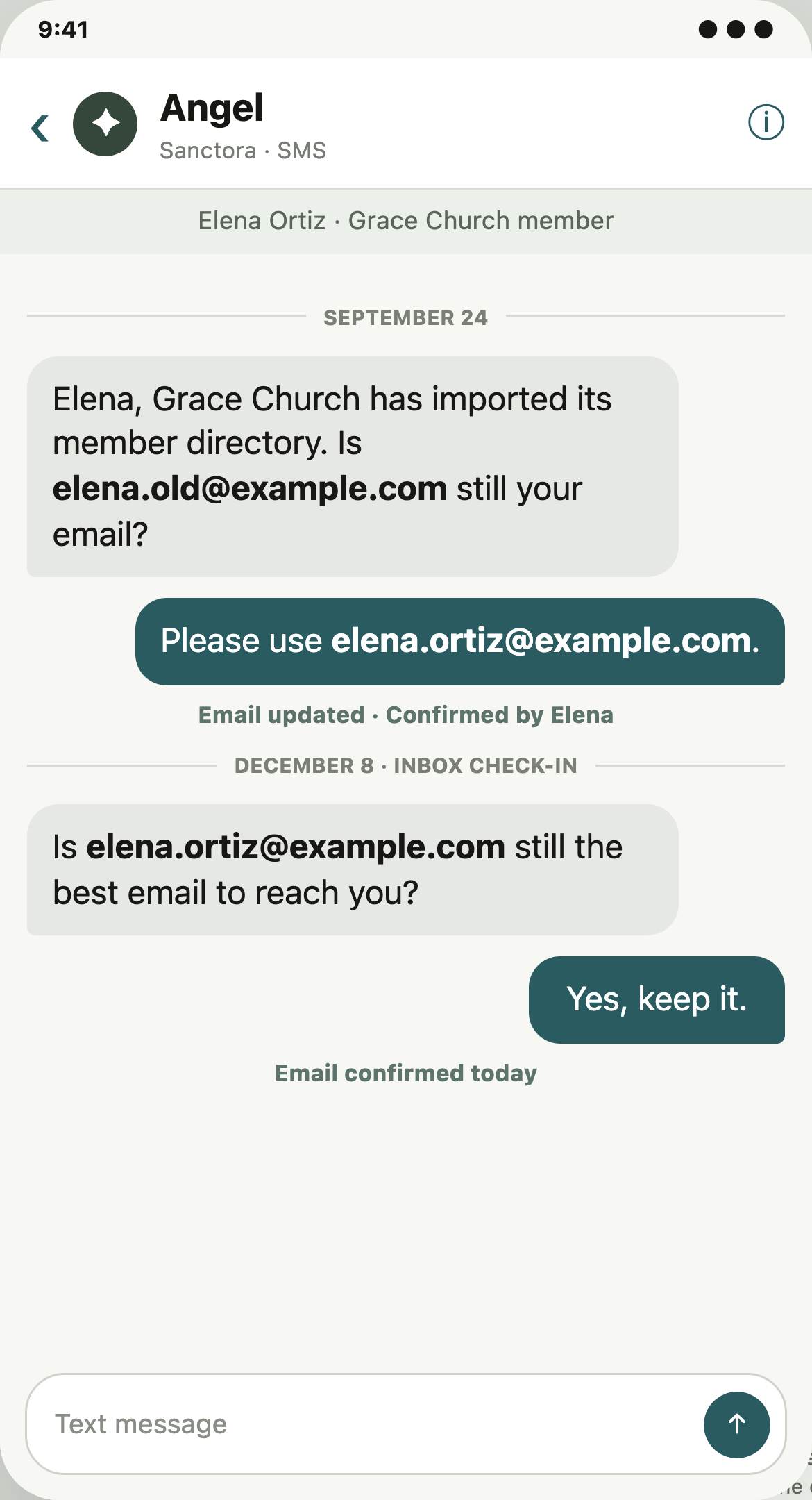 A separate SMS history shows Elena correcting her email after import and reconfirming it in December.