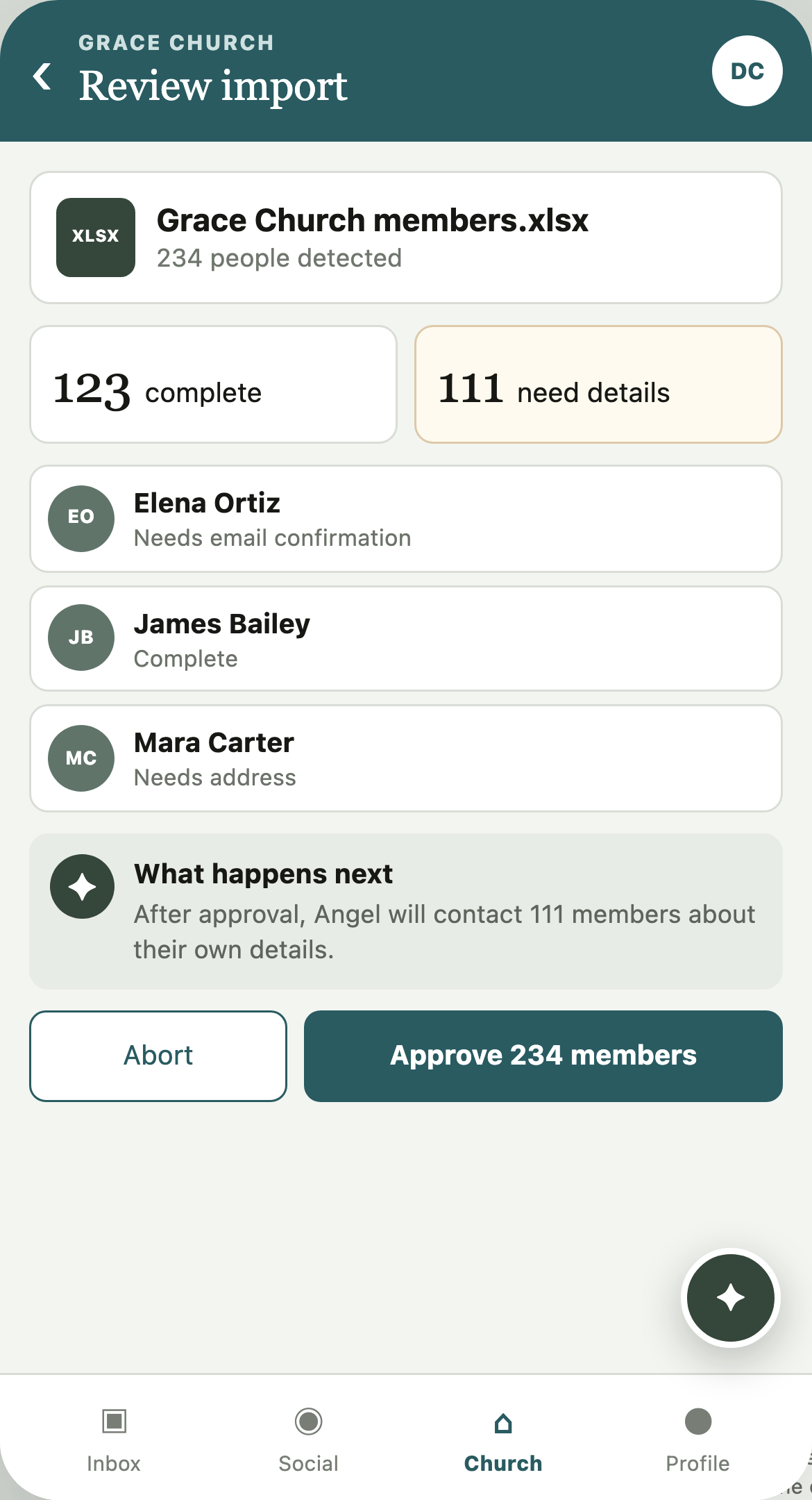 Daniel reviews 234 detected people, including 123 complete and 111 needing details, before approving the Grace Church import.