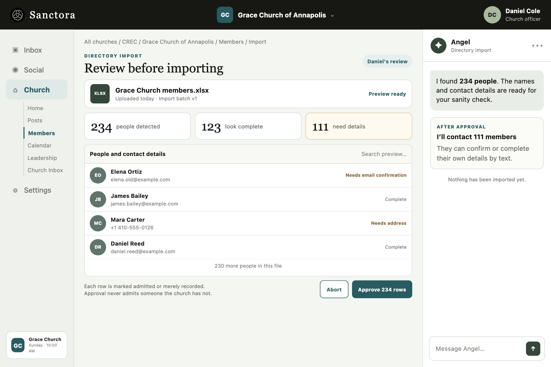 Daniel previews 234 people from Grace Church's spreadsheet before approving the import.