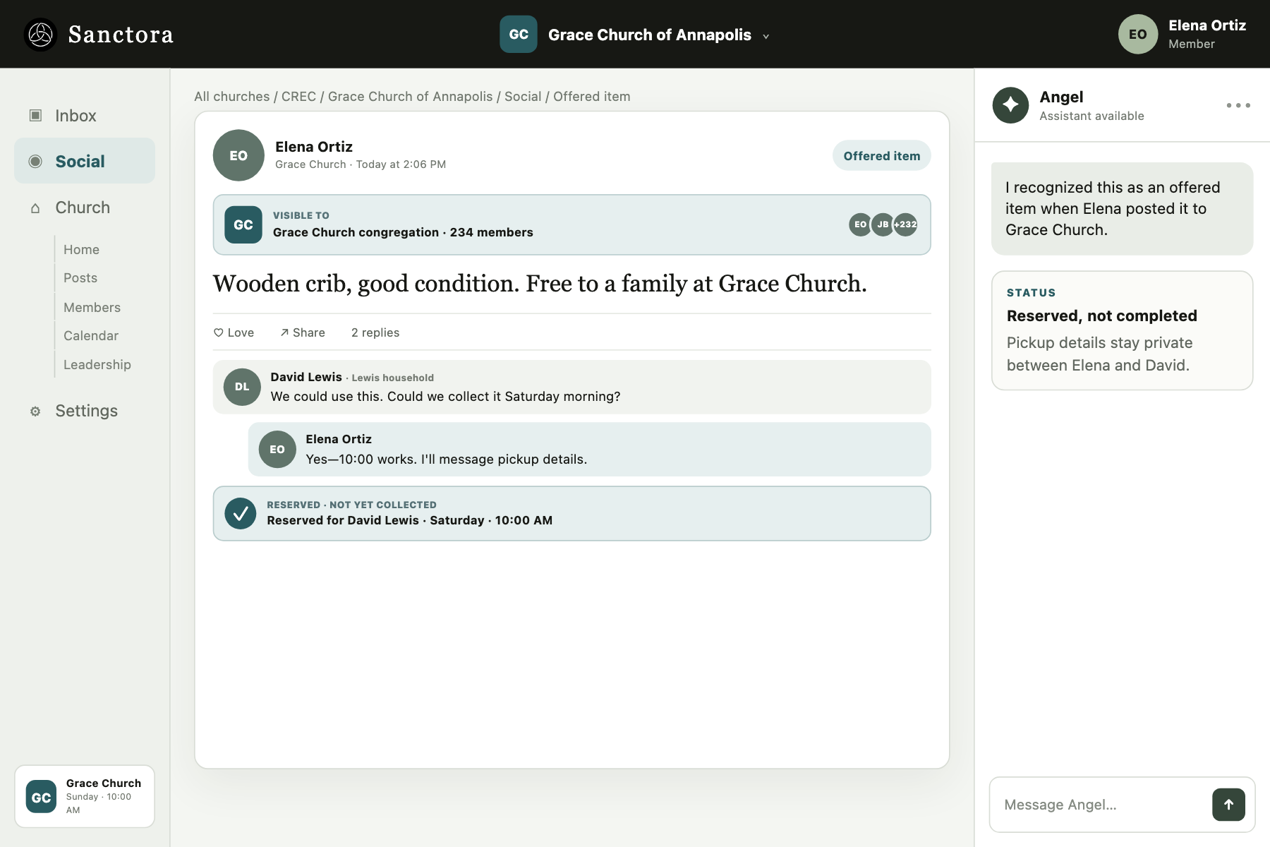 Elena's Grace Church offered-item post records David Lewis's request and reserves the wooden crib for Saturday pickup without claiming the handoff is complete.
