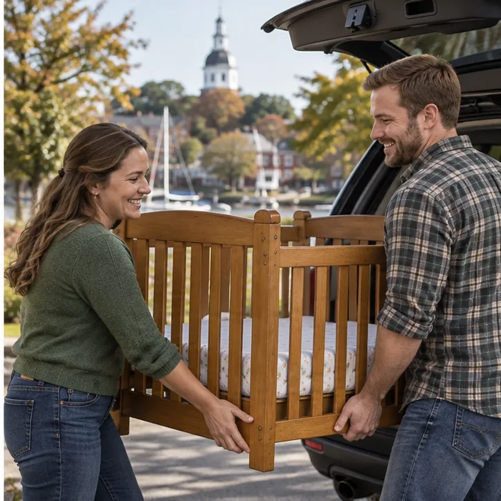 A man and woman load a wooden crib into a vehicle
