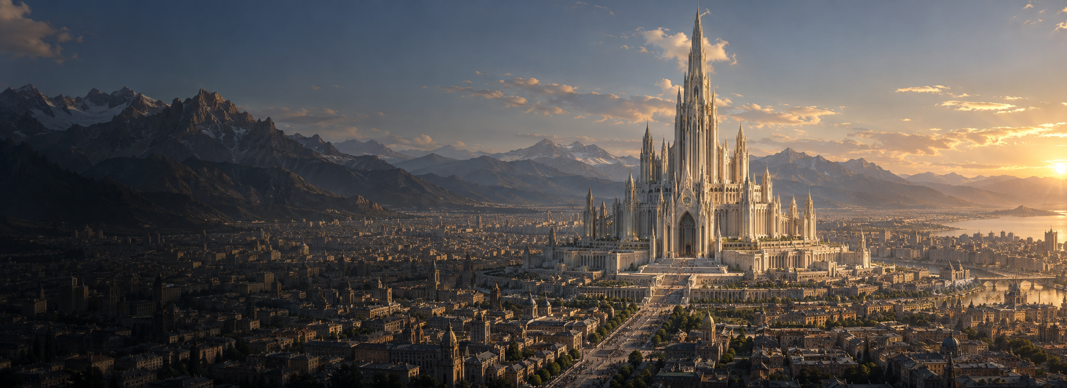 A luminous cathedral rising above a mountain city at sunset